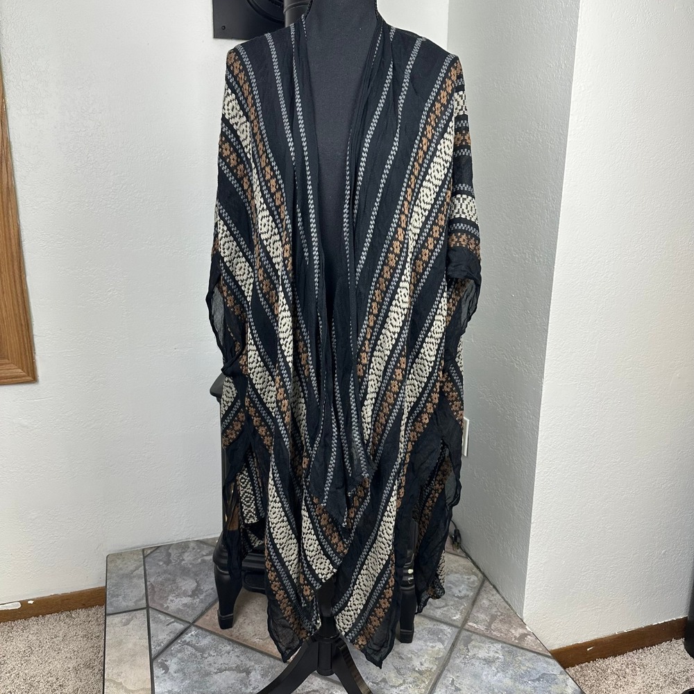 Boho Sheer Geometric Striped Kimono Wrap Cardigan Coverup One Size Black Tan